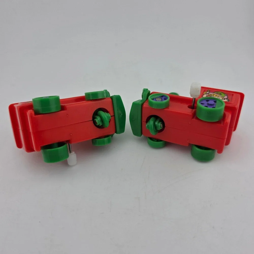 Vintage Wind Up Train Engine Toy Set 2pc Red Green GOOD Miniature Playroom Decor
